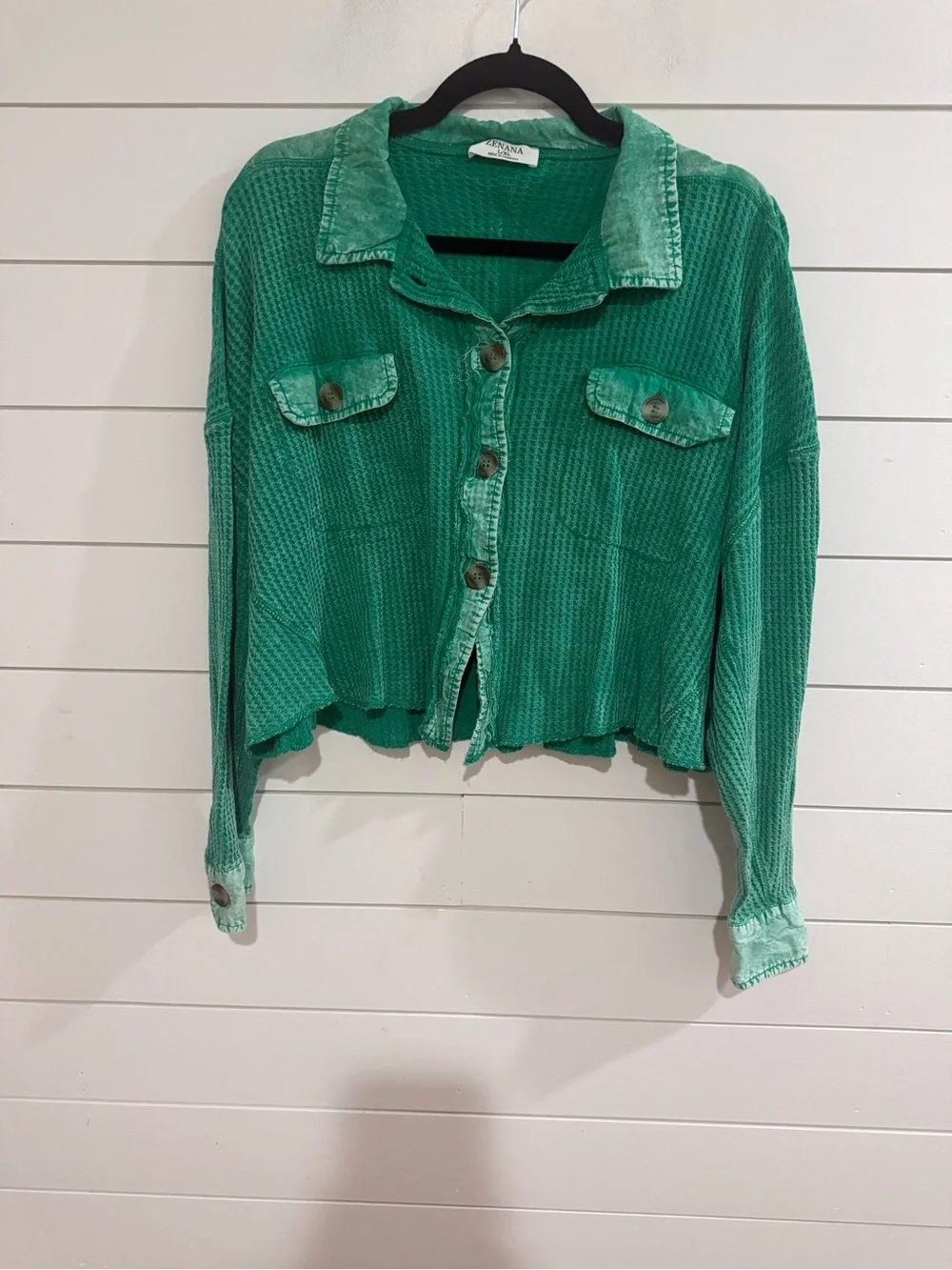 Zenana Outfitters Green Waffle Knit Cropped Button-Up Jacket
